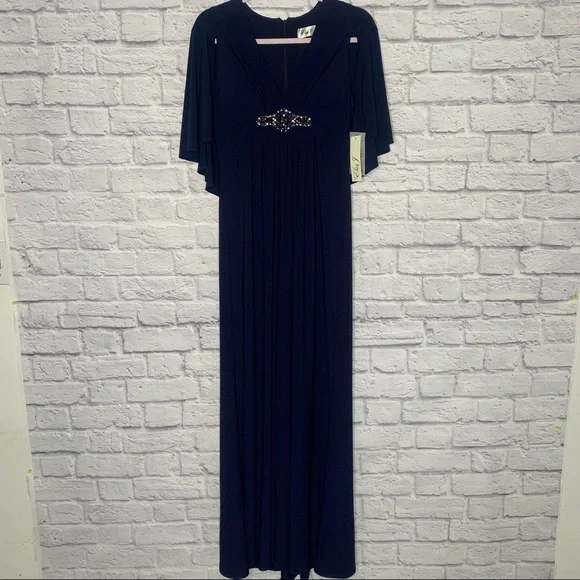 NWT Eliza J Navy Blue Embellished Cape Maxi Gown - Picture 4 of 16